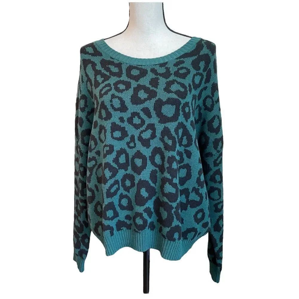 BCBGMaxAzria Womens Sweater Green Black Leopard Print Long Sleeve Pullover L